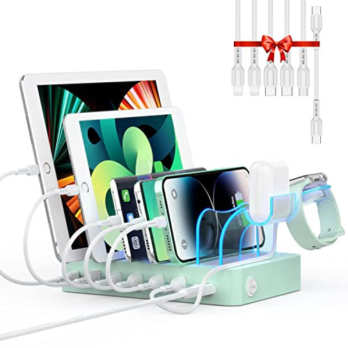 SooPii USB Ladestation 60W/12A,6-Port Dockingstation,Organizer für mehrfach Geräte with I Watch Holder,6 Kabel Included für Telefone,Tablets und andere elektronische Geräte.