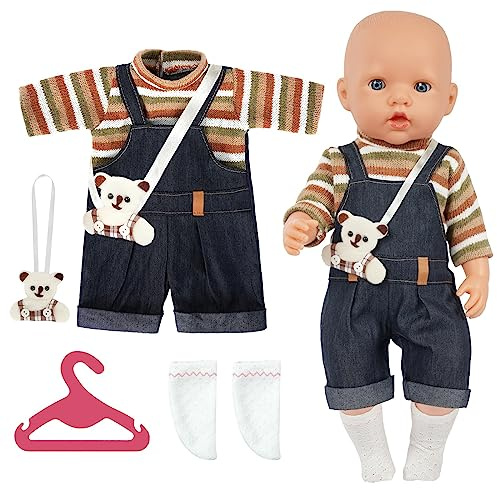 Aolso Vestiti per Bambole per New Born Baby Doll, Abiti per Bambolotti 35-45CM, Salopette a Maniche Lunghe per Bambole con Borsa dell'Orso, con 1 paio di Calzini e 1 Gruccia (Bambola non Inclusa)