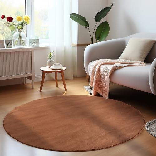 HomebyHome Teppich Wohzimmer 200cm Rund Braun Waschbarer Kurzflor Teppiche Einfarbig Design-Küchenteppich Waschbar rutschfest Extra Weich Flauschiger Teppiche für Schlafzimmer, HH-SKY2002005400BROWN