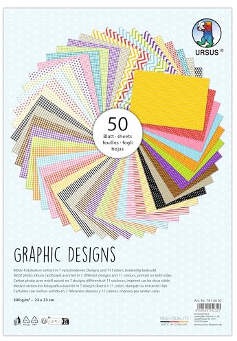 Ursus 7810003 - Fotokarton, Graphic Designs, 50 Blätter, ca. 23 x 33 cm, 300 g/m², beidseitig bedruckt mit 7 verschiedenen Motiven und 11 Farben, aus Frischzellulose, zum vielseitigen Basteln