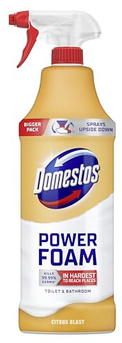 Domestos Power Foam Citrus Blast Toilet & Bathroom Cleaner Spray sprays upside down & eliminates 99.99% of germs* for cleaning inside the toilet & around the bathroom 650 ml