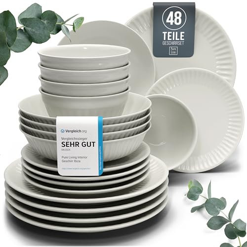 Steingut Geschirrset 12 Pers. Hygge 48-tlg Hochwertiges Skandinavisches TEST SEHR GUT Steingut Geschirr Set - Schüssel- und Teller Set - Tafelservice 12 Personen Geschirrsets Pure Living in Beige