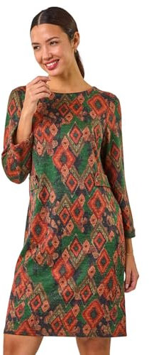 Roman Originals Women Shift Dress with Pockets - Ladies Autumn Winter Tunic 3/4 Length Sleeve Knee Length Smart Casual Office Work Cocktail Party Round Neckline Comfy Soft - Green Brown - Size 14