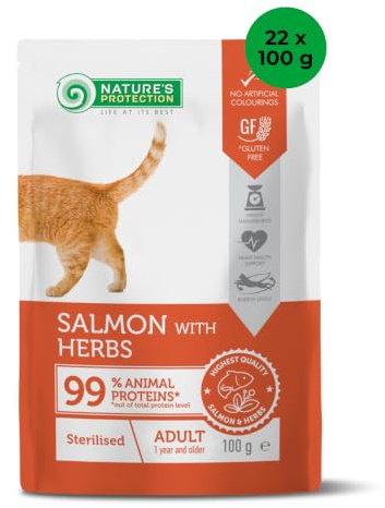 Nature's Protection Wet Cat Food for Sterilised Cats - Salmon & Herbs Grain Free Hypoallergenic Cat Food Pouches for Adults - Hairball Control, Sensitive Digestion, Healthy Skin & Coat (22 x 100g)