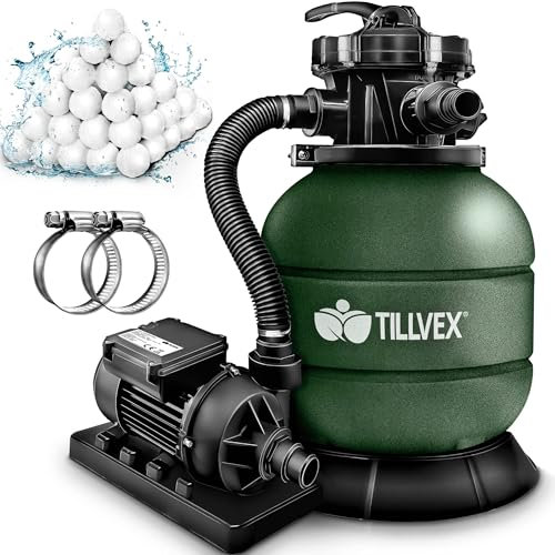 tillvex Depuradora de Agua para Piscina 7.900L/h + 400g Bolas de Filtro | 7 Funciones de Filtrado & Adaptador Ø32-38mm | Filtro de piscina con indicador de presión (Verde)