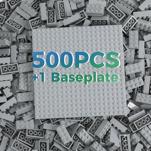 HUIZDQ 2X4 500 Pieces Building Bricks, Classic Bulk Small Blocks, Classic Building Bricks Set Basic Building Blocks Compatible with All Major Brands(Light Grey)
