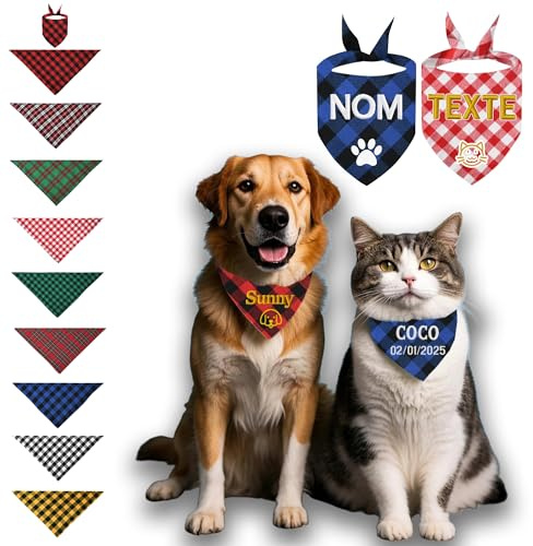 Bandana Chien Personnalisable Brodé avec Nom, Date de Naissance, Téléphone - Bandanas pour Chiens et Chat - Foulard pour Chien Bavoir Triangles Écossais - Cadeau Animaux Anniversaire