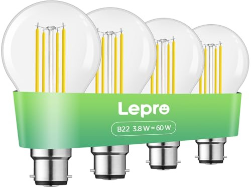 Lepro B22 Bayonet Light Bulb, A-Rated Ultra-efficient LED Bulb, 3.8W = 60W, 806lm, 2700K Warm White, 50000H Lifespan, Clear Filament, Vintage Glass, Non-dimmable, Pack of 4