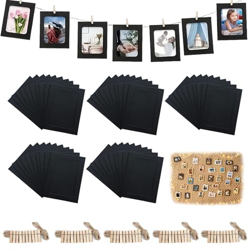 Hexizexi 50 Pcs 4x6 Inch Paper Photo Frames Black Hanging Cardboard Photo Frames with 50 Wooden Clips and 5 Hemp Ropes for Home Office Birthday Wedding Wall Decor