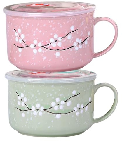 SMELEYOU 2 st soppskålar med handtag 800 ml/28 oz tätning värmebeständig mikrovågsugn soppmugg med lock blommig vintersöt keramisk resemugg för ramen nudel gröt