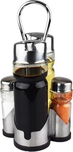 4 in 1 Oil Bottle and Vinegar Dispenser Set Cruet Set Salt Pepper Shakers & Oil Vinegar Bottles Cruet Set with Stand Perfect for Kitchen Dining Table & Dishwasher Safe (4 Pieces)
