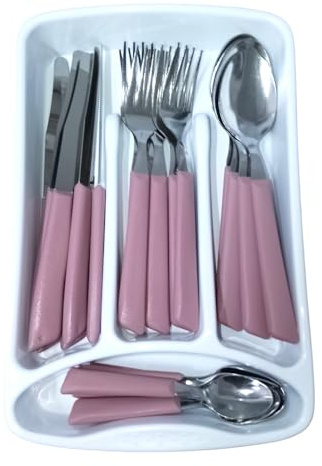 Servizio di Posate 24 Pezzi completo per 6 persone Manici Colorati Ergonomici Made in Italy Acciaio Inossidabile Lavabili in Lavastoviglie omaggio il Porta Posate da Cassetto (Rosa Antico)
