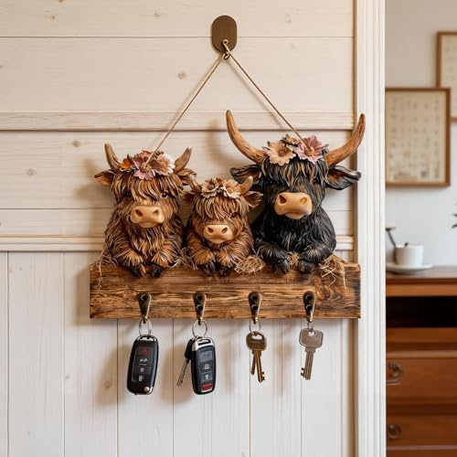 Wsndyjia Highland Cow Key Holder Wall Mount, Personalized Bullhead Animal Wooden Towel Key Hooks, Wall Coat Hanger Hooks with 4 Hooks, Decorative Coat Rack for Entryway Hallway Bathroom
