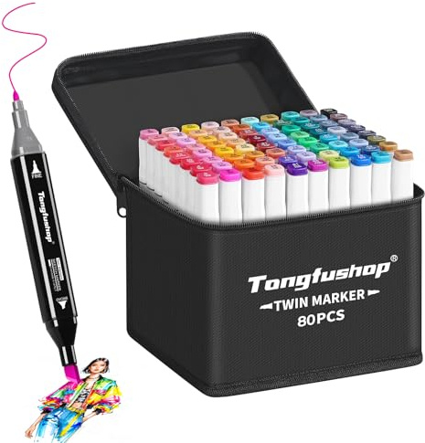 Tongfushop 80 Colored Alcohol Markers Set, Dual Tip Professional Marker Pens, Colouring Pens for Adults, Art Markers for Drawing, Sketching, Graffiti, Anime, Manga