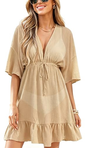 Mujer Vestido de Playa Vestidos Cuello en V Bikini Vestido de Vacaciones | Vestido con Cordón, Falda con Volantes, Mangas con Volantes, Cuello en V, Sexy y Casual, Perfecto para las Vacaciones