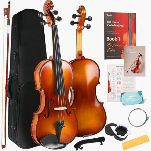 Kmise Kit de iniciación de violín de tamaño completo 4/4 aprobado por maestros para adultos, principiantes, estudiantes, violines acústicos de ébano de alta densidad, paquete de violín con funda, arco