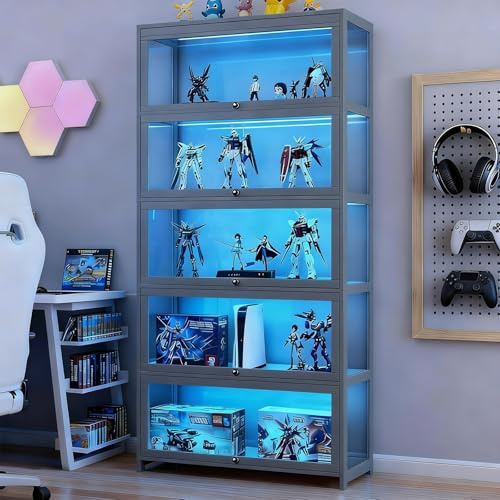 Cvvovilx Vitrina con Puertas de Vidrio acrílico, Organizador de Juguetes coleccionables de 5 Niveles y Estante de exhibición, estantería para el hogar, Sala de Juegos, Sala de Estar (Gris-1)