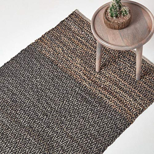Homescapes Lederteppich grau-braun 90x150 cm, Teppich handgewebt mit Ethno-Muster aus recyceltem Echtleder, Flachgewebe mit natürlichem Look