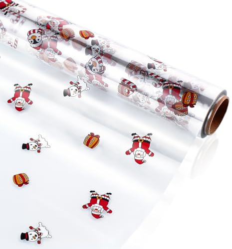 Stobok Rotolo di cellophane trasparente | Carta con motivo Babbo Natale 39,9 cm x 100 m, 2,5 ml, carta regalo di Natale per fiori, artigianato, cestino, bouquet di frutta e cibo
