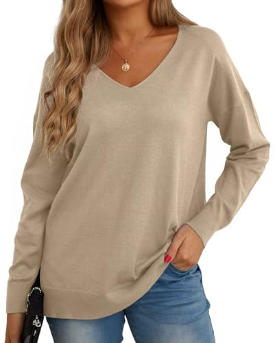 GRECERELLE Pull Femme Col V Décontracté en Tricot avec Manches Longues - Pullover Chic et Élégant pour l'hiver (Kaki, L)