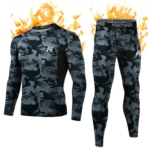 MEETWEE Set di Biancheria Intima Termica da Uomo, Maglia a Maniche Lunghe con Strato di Base Sportivo e Pantaloni ad Asciugatura Rapida, Tuta da Allenamento per Sci, Corsa ed Escursionismo