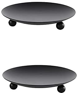 JIHUOO 2 Pcs Iron Pillar Candle Holder Trays Decorative Candle Base Plate Holder Pedestal Candle Stand for Wedding Spa Black