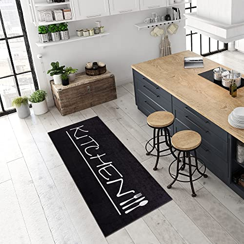 Pasha Home Köksmatta, Hallmatta – Tvättbar i 30 °C, Halkfri, Lätt att Underhålla – Inomhusmatta för Kök, Hall, Vardagsrum – Perfekt för Inomhusutrymmen – Svart-Kitchen, 80x300 cm