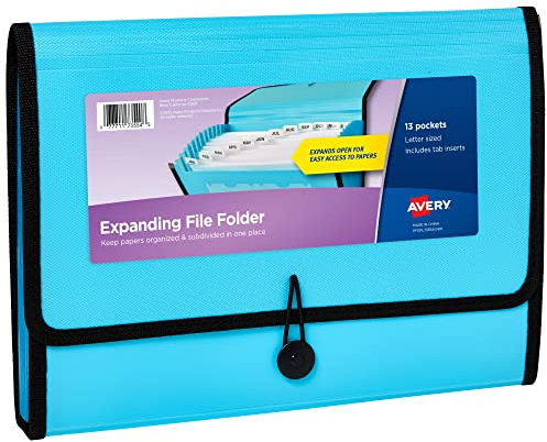 Avery Expanding File Folder Organizer, 13-Pocket Accordion File Organizer, Aqua, Holds 425 Letter/A4-Size Sheets (73554)