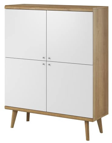 GRAINGOLD Kommode Promko Weiß und Riviera Eiche T40 x B107 x H134 cm – Moderner Schrank im skandinavischen Stil für Schlafzimmer, Wohnzimmer – Sideboard mit Beine aus Eichenholz, Fächern