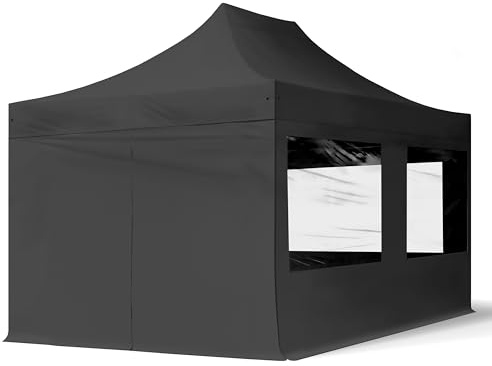 Gazebo Pieghevole Giardino 3x4,5m - 4 laterali (finestre panoramiche) Telo 700N Poliestere idrorepellente Padiglione Mercati Sagre nero