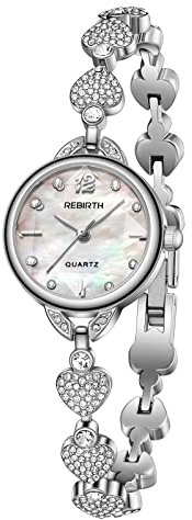 JewelryWe Damenuhr Analog Quarz Armbanduhr Elegant Schmal Strass Herz Metall-Armband Uhr Damen 30m Wasserdicht Armkette Uhren mit Muschel Zifferblatt und Werkzeug für Frauen Mädchen Silber