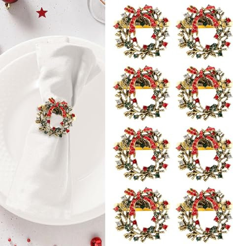 LATERN 8 Stück Weihnachts Servietten Ringes, Gold Weihnachtskranz Serviettenhalter Weihnachts Serviettenschnalle mit Strass für Weihnachten Thanksgiving Party Urlaub Hochzeit Tischdekoration (4 x 4cm)