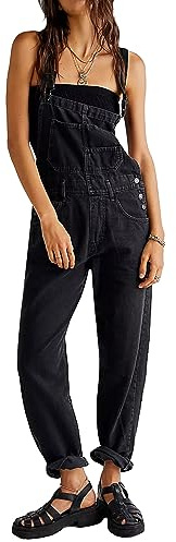 PDYLZWZY Monos de mezclilla para mujer, ajuste holgado, peto clásico, pantalones vaqueros casuales, mono elástico de mezclilla, overol, pantalones vaqueros cónicos
