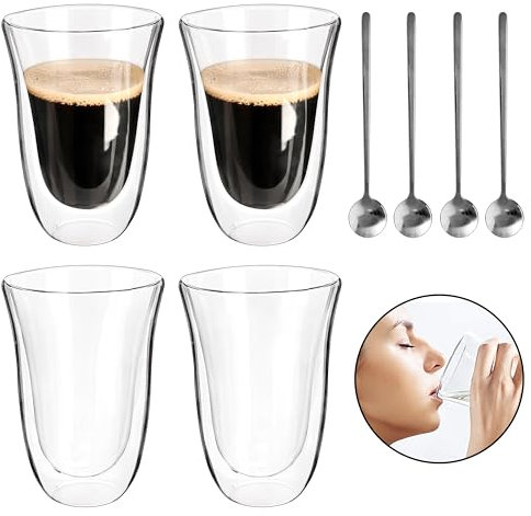 Asueilc 220ML Double Walled Glasses Coffee Mugs, Glasses Drinking Coffee Espresso Cups Set of 4, Vacuum Insulated, Hand Blown Characteristic Curved Cup Mouth Design, not Easy to Overflow