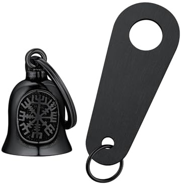 FaithHeart Motorcykel Bell klocka, rostfritt stål lyckobringare nyckelring för motorcykel, punk motorcykel klockor med vikinging Vegvisir symbol, hip pop lyckobringare för motorcykel