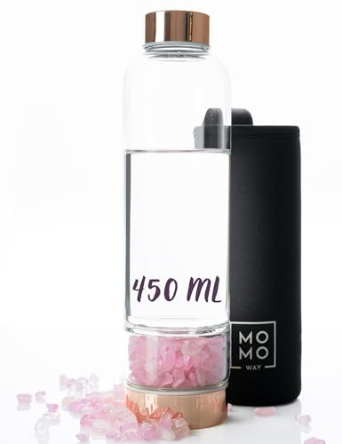 MOMO WAY Quartz Water Bottle Drinking Glass Bottle Wellness Gifts for Men Women for School Sport Fitness Spa 450 ml Rose Gold