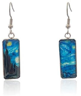 Van Gogh Painted Starry Night Earrings Blue Metal Art Unique Vintage Rectangle Glass for Women Sisters Mothers Dangle Drop Jewelry