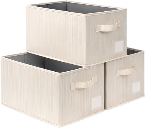 TIMEYARD 3er Set Aufbewahrungsboxen, Aufbewahrungskorb für Badezimmer Regal, Storage Boxes, Basket, Kinderzimmer Deko, Korb Aufbewahrung für Schrank, Kleidung, Karton & Canvas, 37x25x21cm, Beige