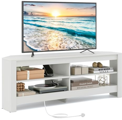 CASART TV Stand Cabinet for TVs up to 60, 140cm Corner TV Unit with Power Outlet & Open Shelves, Modern Media Entertainment Center TV Table for Living Room Bedroom (White)