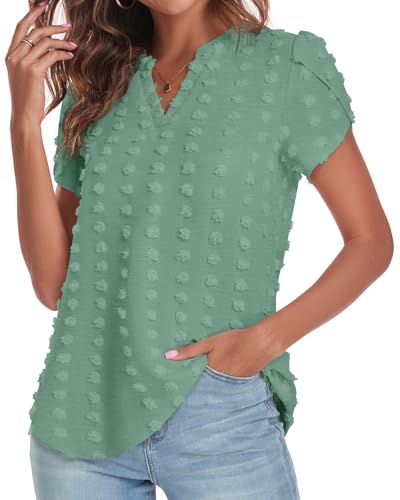 Bestbee Womens Dressy Chiffon Blouses Cute Summer Short Sleeve Shirts Casual T-Shirts V Neck Polka Dot Tunic Tops Lightweight, Cyan, XL
