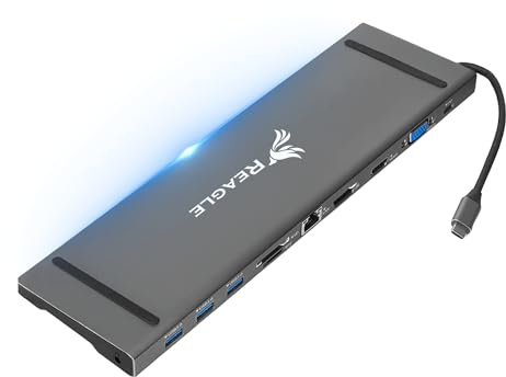 Reagle USB-C dockningsstation, 12-i-1 hubb med 8K DisplayPort, 4K HDMI, 100 W Power Delivery, RJ-45 Ethernet, SD/MicroSD-kortläsare, kompatibel med MacBook och Windows bärbara datorer, laptopstativ
