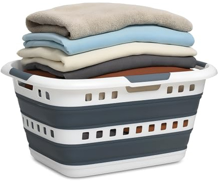 TIENDA EURASIA – Cesta Plegable para la Colada | Plástico y Silicona | Capacidad 45L | 3 Asas de Transporte | Cesta Colada | Color Blanco y Azul Indigo | con Orificios de Ventilación