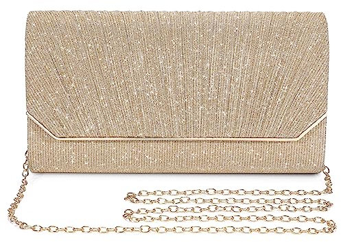 BAIGIO Elegante Abendtasche Damen Clutch Umhängetasche Klein Handtasche Brauttasche mit Glitzer und Abnehmbarer Kette, Frauen Kettentasche für Hochzeit Party Cocktail Abschlussball Freizeit (Golden)