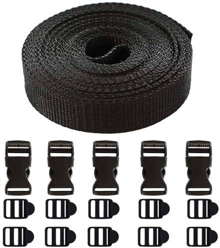 Zythrem 5M Nylon Webbing Strap 20mm Webbing Straps for Bags 5 Plastic Buckle Clips and 10 Tri-Glide Slides Backpack Chest Strap for DIY Craft Repairing Backpack Making Luggage Strap Pet Collar