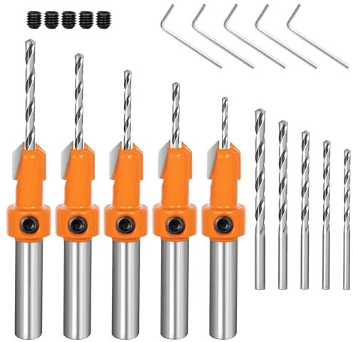 Countersink Drill Bit - 5 Countersink Drill Bit Sets with 5 Different Sizes + 5 Replaceable HSS Bits + 5 Wrenches for Precision Woodworking, Hole Diameter: 8mm for Woodworking Countersink Drill Bits