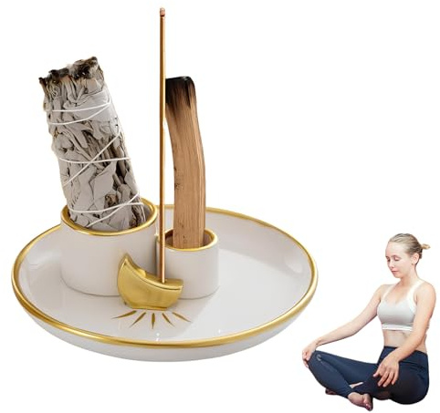 Porte-Encens 4 en 1 Lune, Porte-Encens Palo Santo, Support De Saude pour Brûler, Palo Santo Porte Encens, Palo Santo Support De Sauge,Plateau Collecteur Cendres en Céramique pour Méditation, Yoga