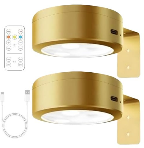 JOAASU 2 Pack Picture Lights for Wall, Magnetic Wall Lights, Battery Picture Light, Rechargeable Cordless Art Light with Remote Control, 3 Color Temps, LED PuckLight for Painting Frame (Gold)