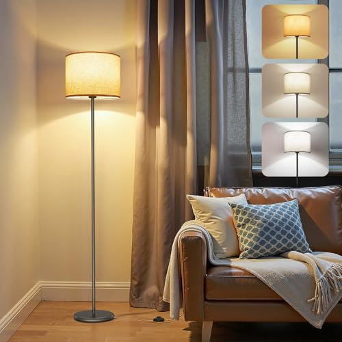 KingMile Floor Lamps for Living Room, 62 Tall Standing Lamp with Beige Lampshade, 3 Color Temperatures, Foot Switch, Modern Floor Lamps for Bedroom, Living Room, Office,Home Decoration(Bulb Included)
