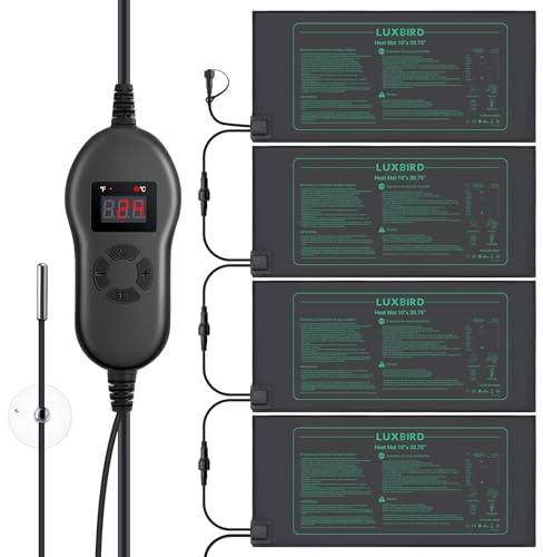Luxbird Tappetino riscaldante con termostato, 4 tappetini riscaldanti con 1 Controller, 30W, IP67, Impermeabile, 52 x 25 cm, Tappetino riscaldante per Serra, germinazione, Terrario