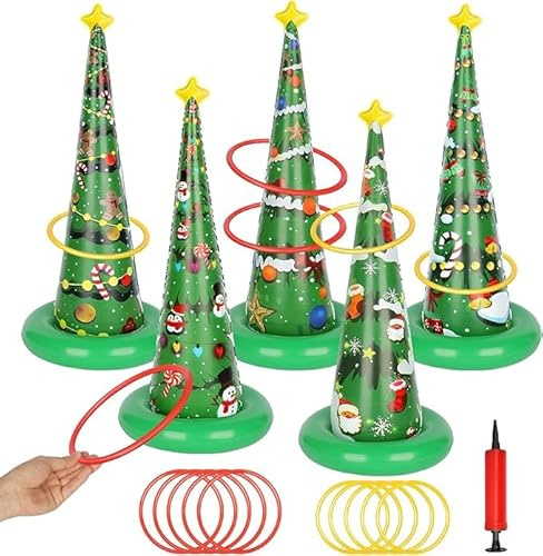 Christmas Tree Ring Toss Game Set, Christmas Ring Game with Air Pump, Inflatable Rings Party Toys Gifts for Adults Kid Family School Party Favor Indoor Outdoor Toss Game